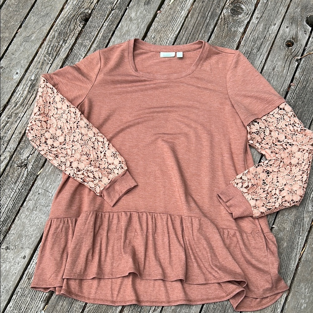 LOGO by Lori Goldstein Orange Rust Ruffled Long Sleeve Tunic